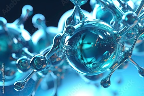 Blue molecule atoms structures on blue liquid serum background. Science molecular water drop DNA model structure atoms bacgkround medical. Abstract science background with bubbles on water.
