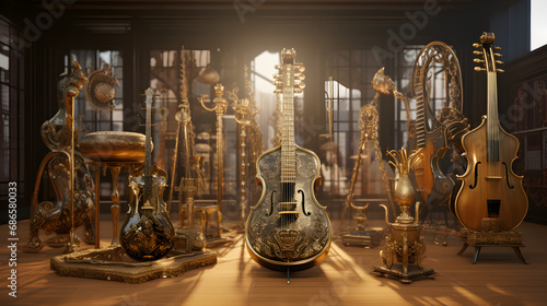 Ancient vintage instrument displays. Collection of ancient vintage Oriental musical instruments. Generative AI