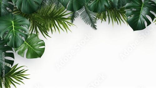 Isolate Dark green Monstera large leaves  philodendron tropical foliage plant growing in wild on white mable rock background concept for flat lay summer greenery leaf With generative ai