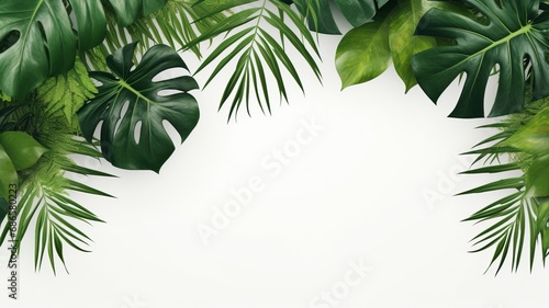 Isolate Dark green Monstera large leaves, philodendron tropical foliage plant growing in wild on white mable rock background concept for flat lay summer greenery leaf With generative ai