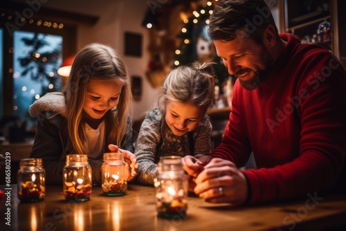 Lifestyle shot of a family celebrating Saint Nicholas Day, decorating their home with seasonal ornaments and lighting a candle, cozy and inviting atmosphere