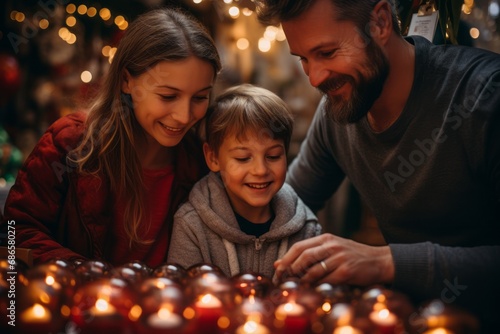Lifestyle shot of a family celebrating Saint Nicholas Day, decorating their home with seasonal ornaments and lighting a candle, cozy and inviting atmosphere