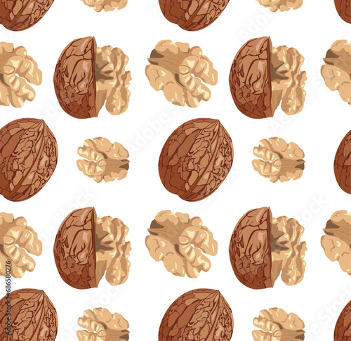 Walnuts in shell and without it with walnut kernels. Seamless pattern in vector. Suitable for prints and backgrounds.