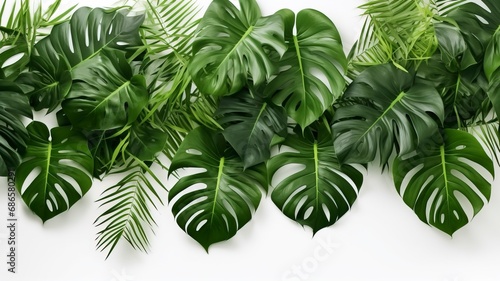 Isolate Dark green Monstera large leaves  philodendron tropical foliage plant growing in wild on white mable rock background concept for flat lay summer greenery leaf With generative ai