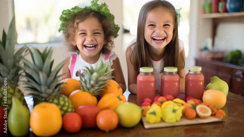 Freshly pressed or juiced fruits promote health, depicted with children Freshly pressed or juiced fruits promote health, depicted with children