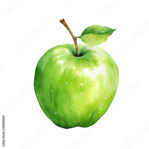 Green apple with leaf in watercolor  transparent background