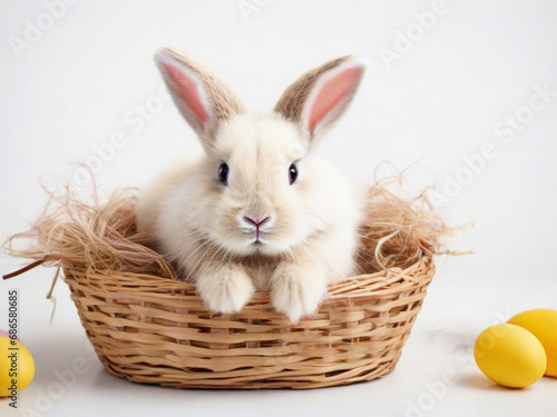 Fluffy gray bunny in a basket with Easter eggs on a light background