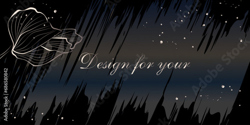 Vector composition of orchids on a black watercolor background. For use in banners, wall art, prints and fabrics. Background for card, brand, invitation, brand, logo, postcard, fabric, decor, wallpape