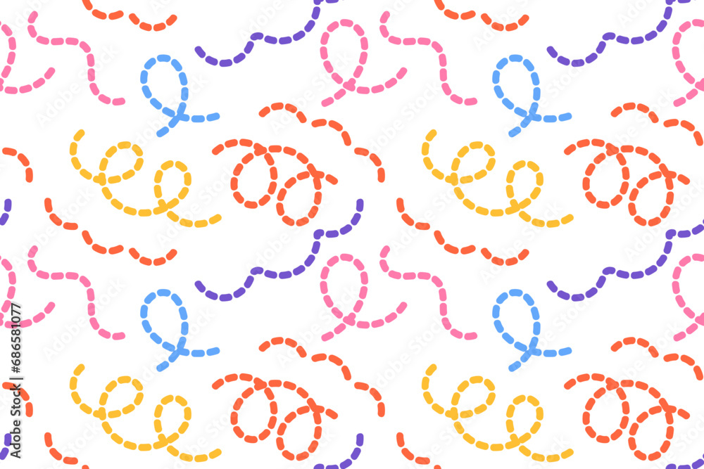 Fototapeta premium Naive seamless dotted squiggle pattern with bright colored wavy lines on a light background. Creative abstract squiggle style drawing background.