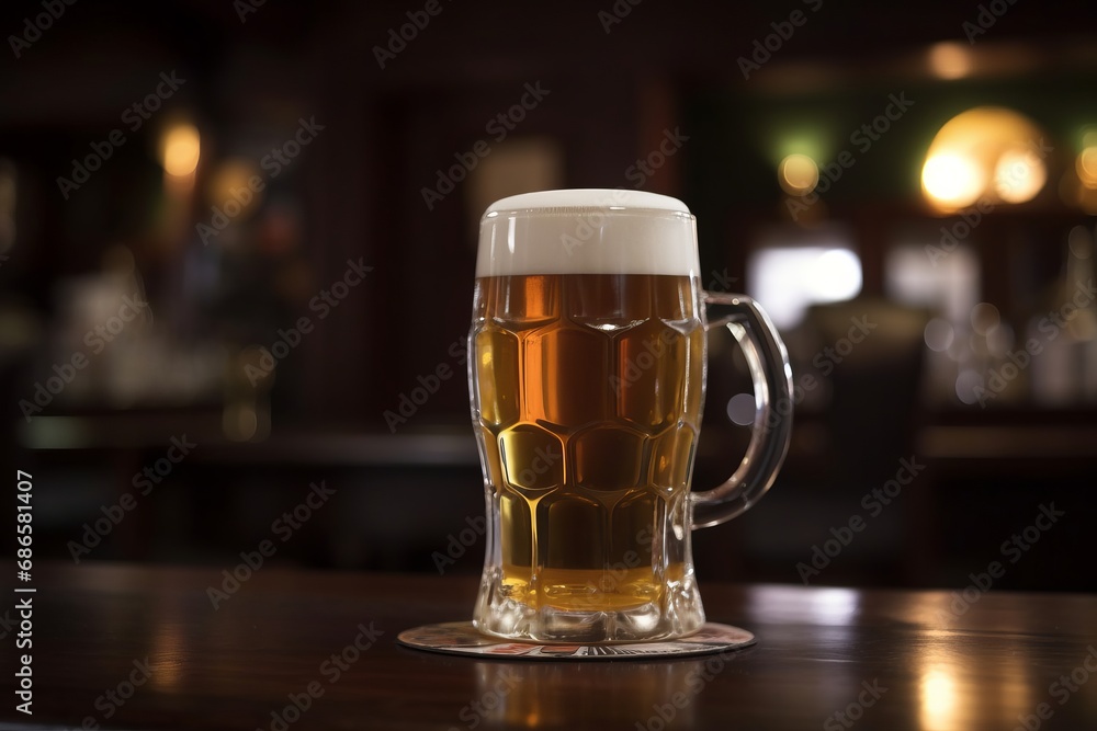 Mug of beer with foam frothy head on wooden table in an English pub background, exuding a warm and inviting atmosphere. Mug of beer with foam frothy head on wooden table in an English pub background, exuding a warm and inviting atmosphere.