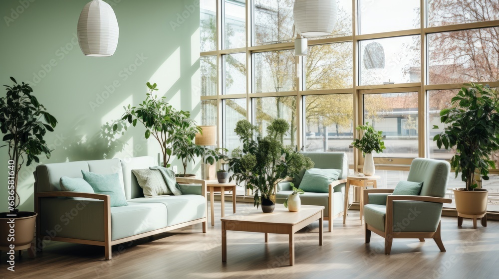 Relaxation room in a modern hospital with comfortable armchairs. A cozy, bright, comfortable premises in a modern clinic with indoor plants, where patients can relax or chat with visiting relatives. Relaxation room in a modern hospital with comfortable armchairs. A cozy, bright, comfortable premises in a modern clinic with indoor plants, where patients can relax or chat with visiting relatives.