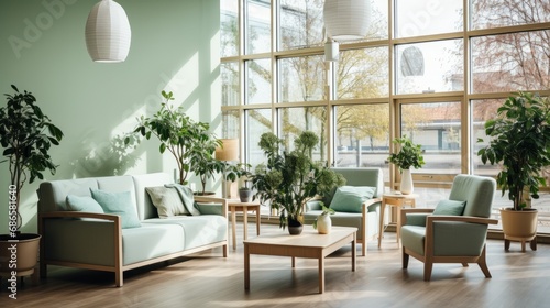 Relaxation room in a modern hospital with comfortable armchairs. A cozy, bright, comfortable premises in a modern clinic with indoor plants, where patients can relax or chat with visiting relatives.