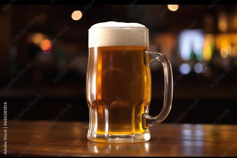 Mug of beer with foam frothy head on wooden table in an English pub background, exuding a warm and inviting atmosphere. Mug of beer with foam frothy head on wooden table in an English pub background, exuding a warm and inviting atmosphere.