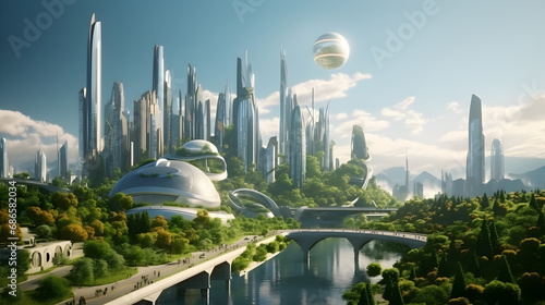 Eco-futuristic cityscape full with greenery, shared taxicabs, skyscrapers, parks, and other green spaces in urban area. Green garden in modern city. Generative AI. 
