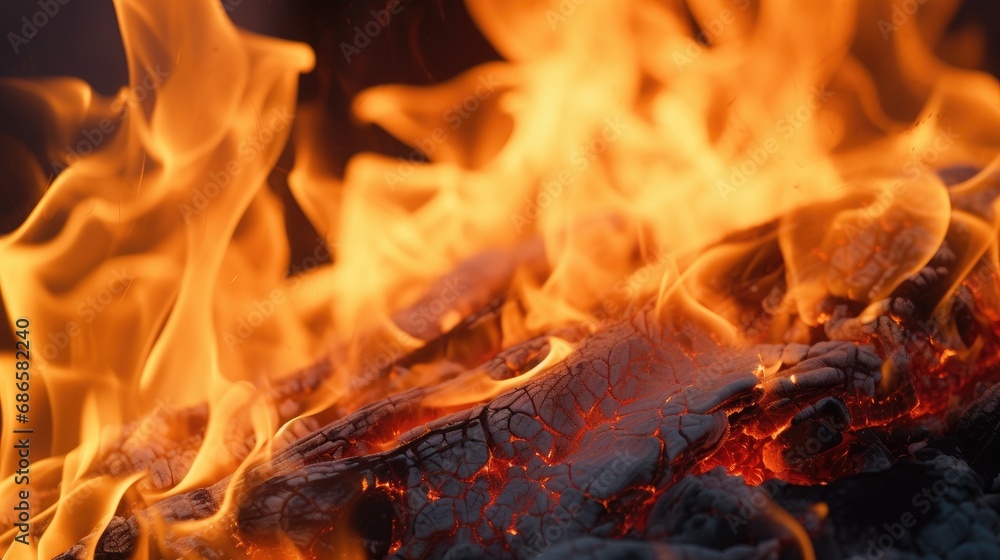 Fire flame on burnt wood, coal close-up. A hot fire inside the fireplace. Fire flame on burnt wood, coal close-up. A hot fire inside the fireplace.