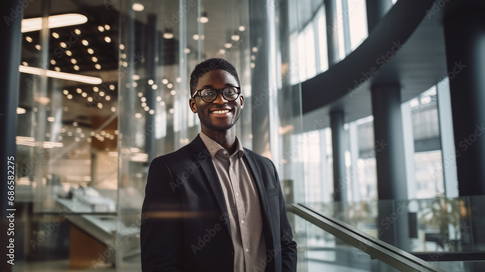 Portrait of black businessman in bright, modern office, generated with ai Portrait of black businessman in bright, modern office, generated with ai