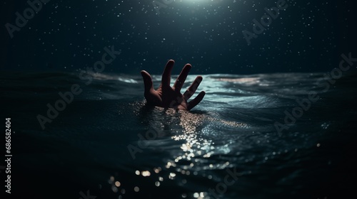 Creepy dark horror hand under the projector light in the middle of the ocean sticking above the water at night asking for help and searching for rescue