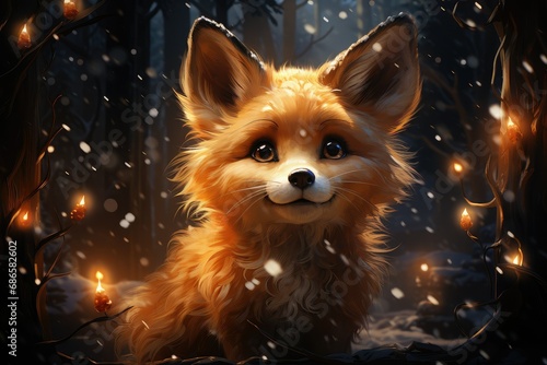 Cute little fox in a fairy winter forest with Christmas lights. Wild animals 