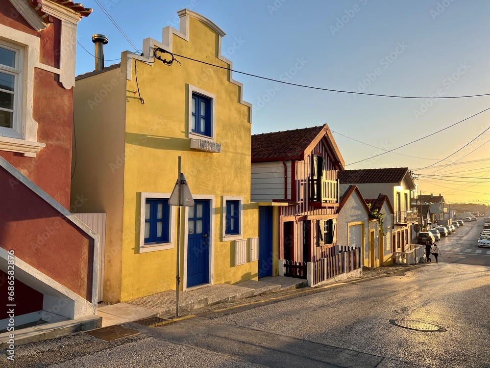 Sunset image of the picturesque houses of Costa Nova, Portugal.