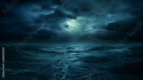 Epic and dramatic stormy ocean with lightning and dark clouds. Powerful seascape with a turbulent and somber atmosphere. The dark blue water is illuminated by the light of the moon in the night sky