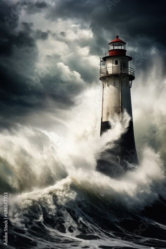 Big storm with big waves near a lighthouse. Vertical photo.