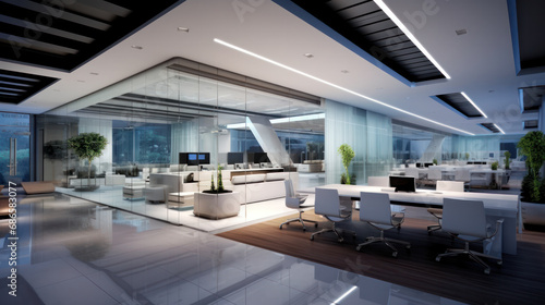 Interior of modern empty office building. Open ceiling design.