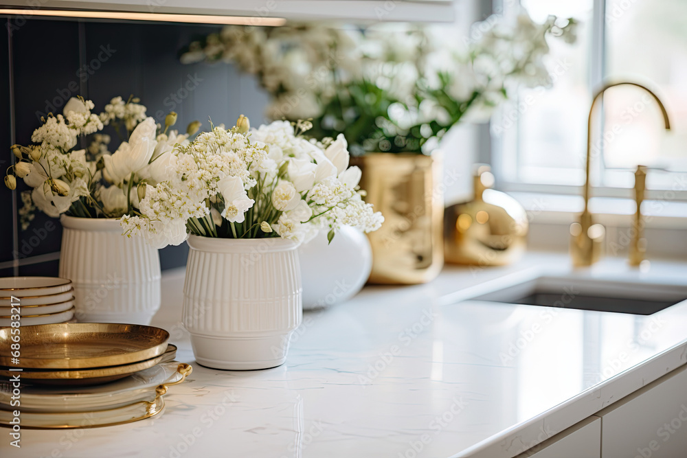 Elegance in Every Detail: Close-Up Photography Showcasing a White and Gold Kitchen Decor in a Luxurious Home Elegance in Every Detail: Close-Up Photography Showcasing a White and Gold Kitchen Decor in a Luxurious Home