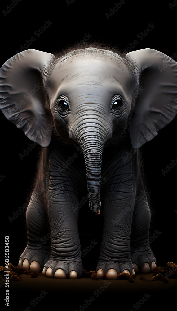 cute chaabi baby elephants solid black background. AI Generated