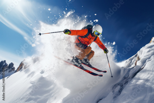 Skier skiing in high mountains photo