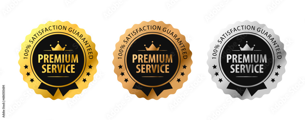 Premium Service elegant label design with gold bronze silver color. Isolated on White. Vector Illustration