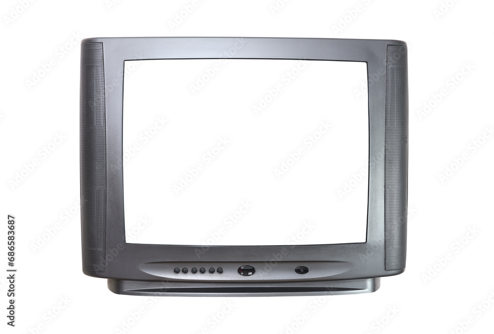 Old TV isolated on a white background. Retro technology concept. Blank screen for text. Vintage TVs from the 1980s, 1990s, 2000s.