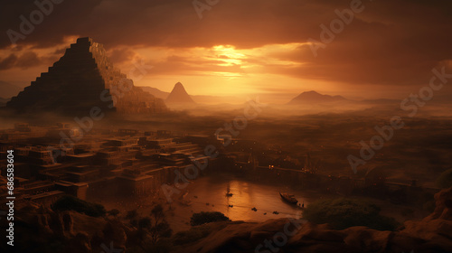 Landscape of ancient Egypt with pyramids in the background and buildings along the Nile, under a cloudy evening sky with golden and orange hues from the sunset. Epic wallpaper of ancient civilizations