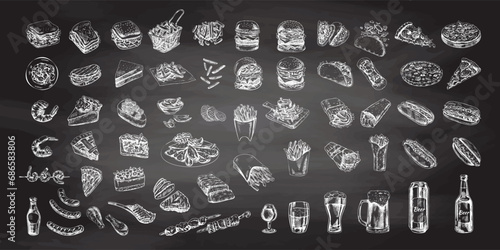 Hand-drawn sketch of street food, takeaway food, fast food, junk food and drinks on chalkboard background. Burgers, potato french fries, chips, pizza, hot dogs, burritos, tacos set. Great for menu.