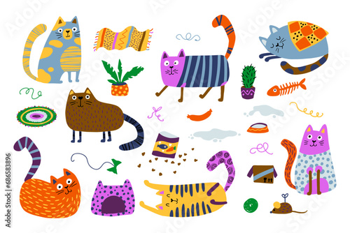 Cats collection. Funny characters in different poses, and house mess. Nursery vector hand-drawn illustration in simple Scandinavian style. Colorful palette ideal for printing baby textiles, fabrics.
