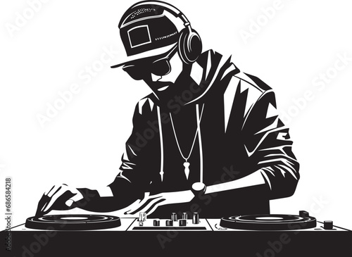 Nocturnal Groove DJ Player Icon in Black Vector Vector Vortex Cool DJ Player Man in Black