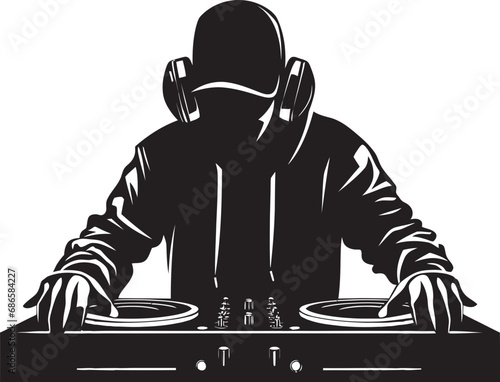 Spin Symphony Black DJ Man Vector Logo Magic Nocturnal Groove DJ Player Icon in Black Vector