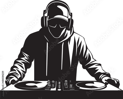 Spin Symphony Black DJ Man Vector Logo Magic Nocturnal Groove DJ Player Icon in Black Vector
