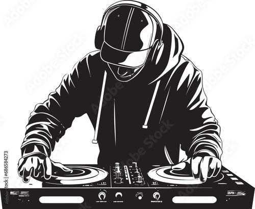 Nocturnal Groove DJ Player Icon in Black Vector Vector Vortex Cool DJ Player Man in Black