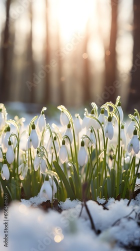 Field of snowdrops in the snow in the woods. AI generated image
