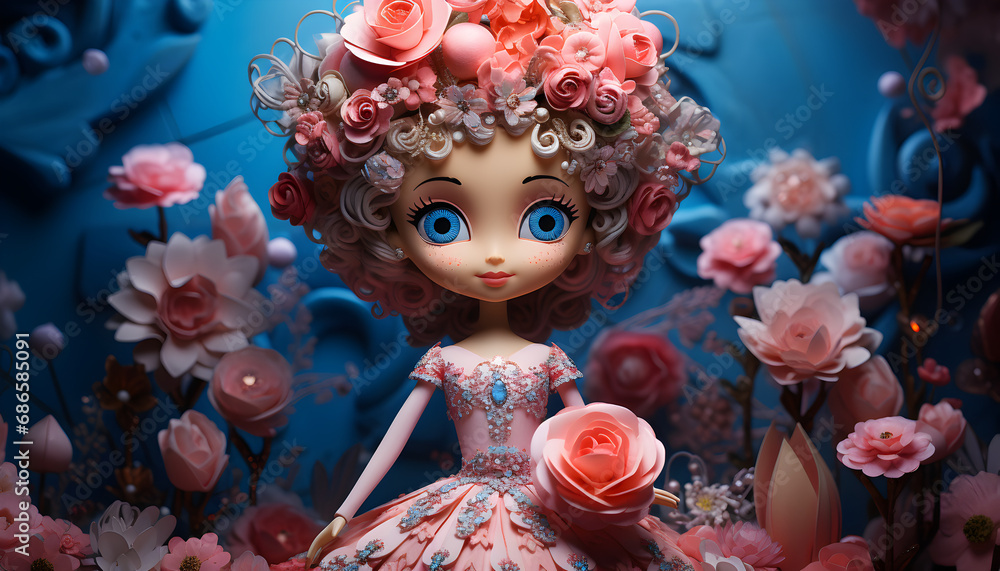 Beautiful princess. clay doll and a smiling pink. princess with blue eyes. floral blue color background. greeting card.