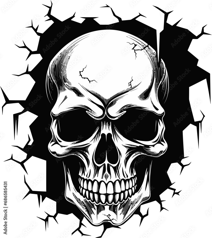Fototapeta premium Phantom Portal Cracked Wall Skull Emblem Design Ephemeral Fissure Black Logo with Peeping Skull