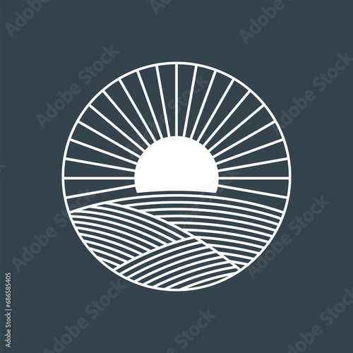 Sun and field logo. Farm, agriculture ,nature, organic icon, sign design. Outline farming symbol. Vector illustration.