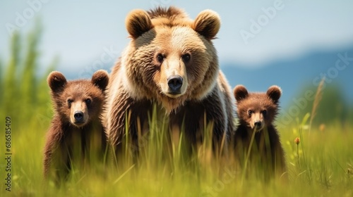 Brown Bear and Cubs on Meadow. A Wide Panoramic Banner of Caring Family in Wildlife with Copy Space and Standing Brown Bear