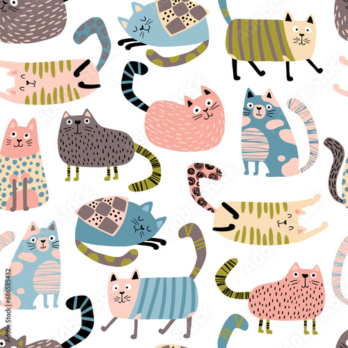 Cats seamless pattern. Funny characters in different poses. Nursery vector hand-drawn illustration in simple Scandinavian style. Pastel palette ideal for printing baby textiles, fabrics.