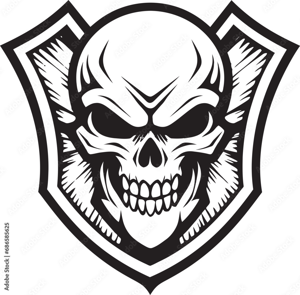 Vigilant Vault Skull in Black Shield Logo Obsidian Sentinel Shield Vector with Skull