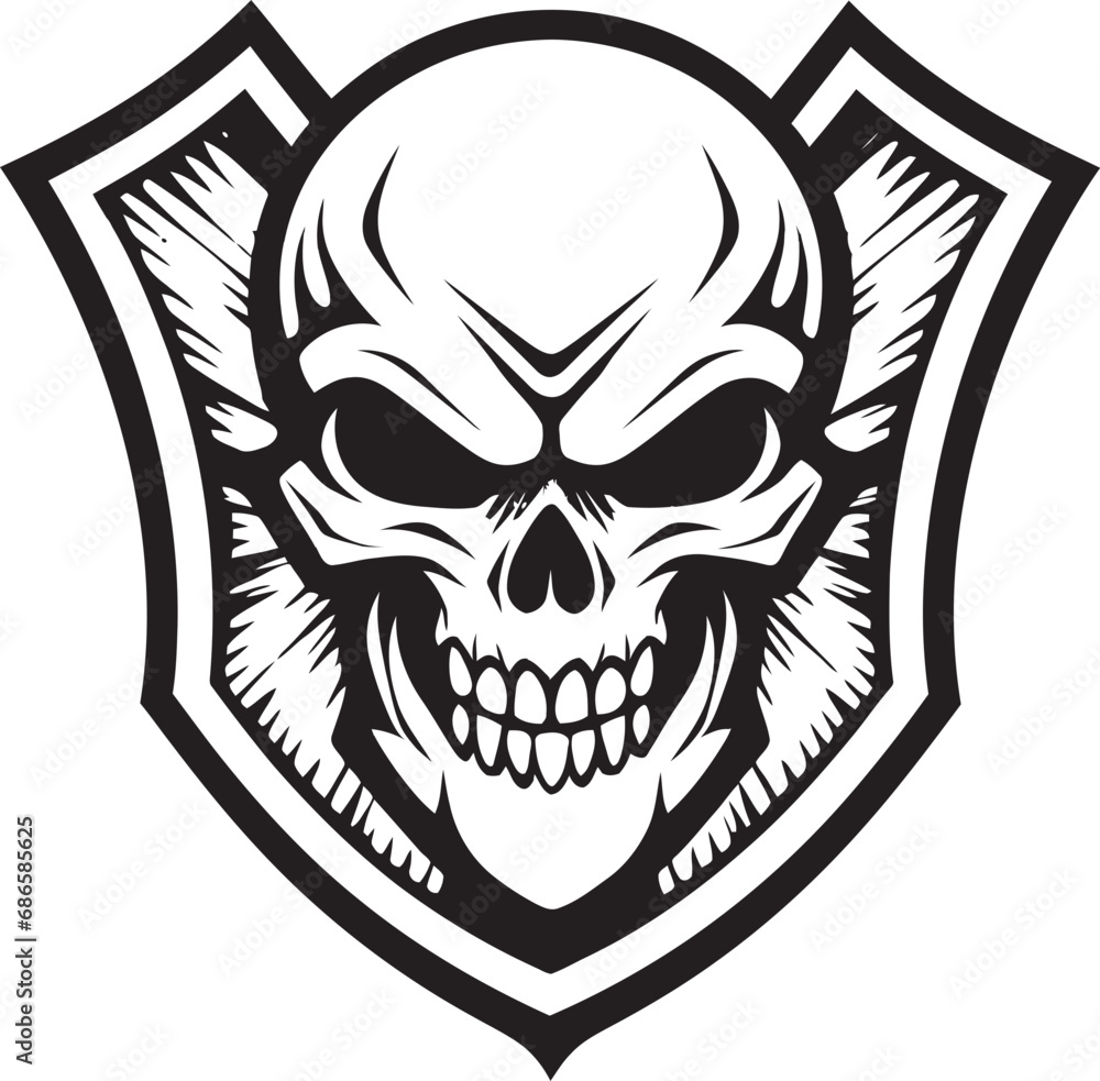 Fototapeta premium Vigilant Vault Skull in Black Shield Logo Obsidian Sentinel Shield Vector with Skull