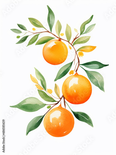 Orange with Leaf. Watercolour Illustration of Fresh Ripe Oranges Isolated on White.