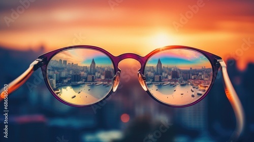 Enhanced Vision Through Glasses. Color-Blind Correcting Goggles with Smart Glass Technology to Enjoy Summer Vacation and City Views at Sunset © AIGen