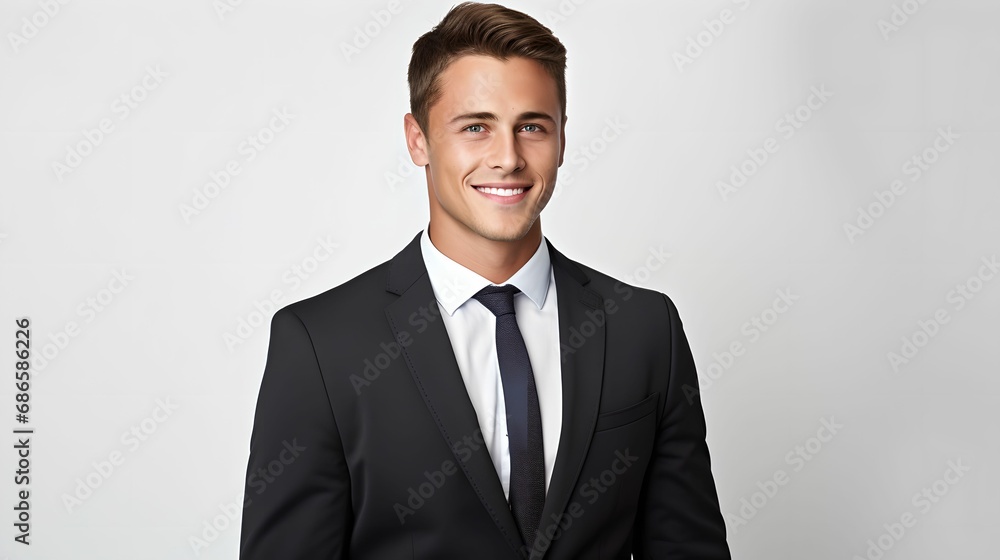 Happy Young Businessman Close-Up, suit, right edge, white studio background, natural warmth Happy Young Businessman Close-Up, suit, right edge, white studio background, natural warmth