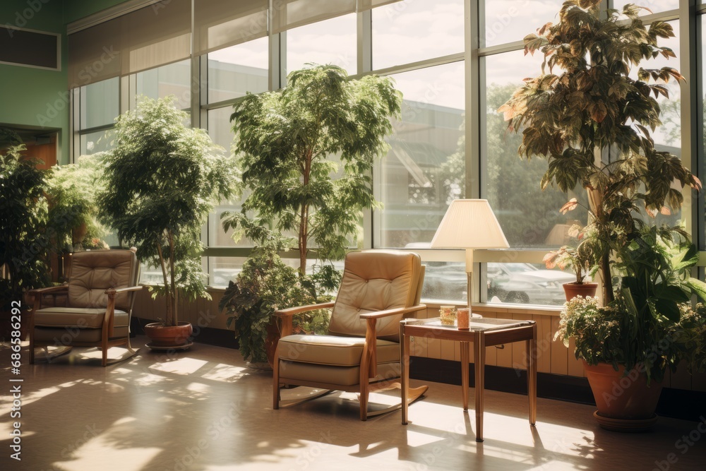Fototapeta premium Relaxation room in a modern hospital with comfortable chairs. A cozy, bright, comfortable premises in a modern clinic with indoor plants, where patients can relax or chat with visiting relatives.